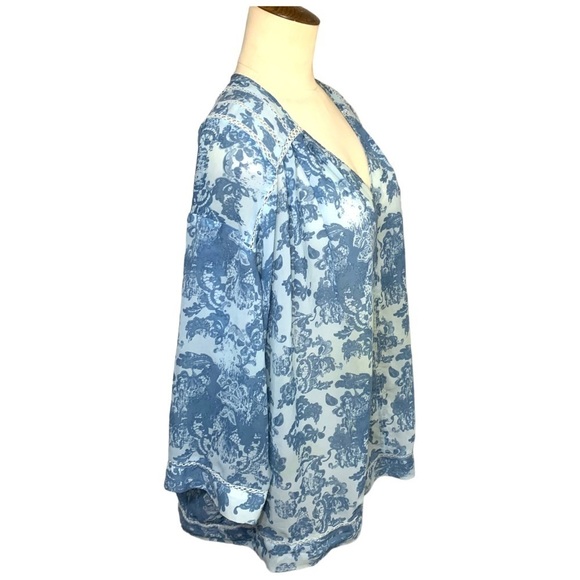 VINTAGE America Blues Boho Pullover Blouse Blue Paisley Floral Crochet Top Sz L - Picture 2 of 10